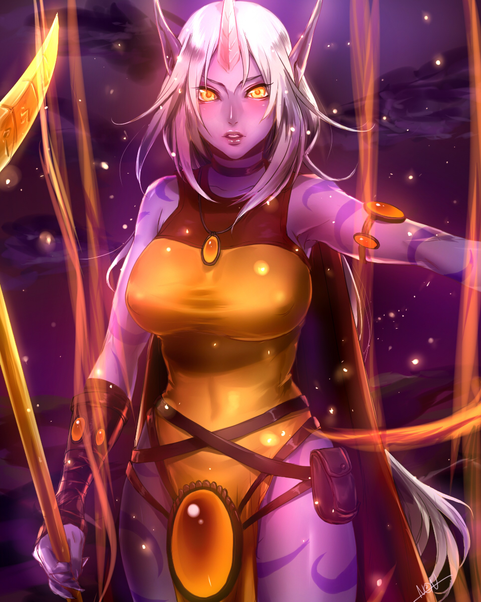 1girl arm_at_side arm_wrap armlet armpits bag belt blush breasts choker clouds cowboy_shot dress fingernails gem glowing highres holding_staff horn jewelry large_breasts league_of_legends long_fingernails long_hair looking_at_viewer necklace non_(nonzile) oni_horns outstretched_arm parted_lips pelvic_curtain pendant pointy_ears purple_skin side_slit signature sky sleeveless sleeveless_dress solo soraka tattoo very_long_hair white_hair yellow_eyes