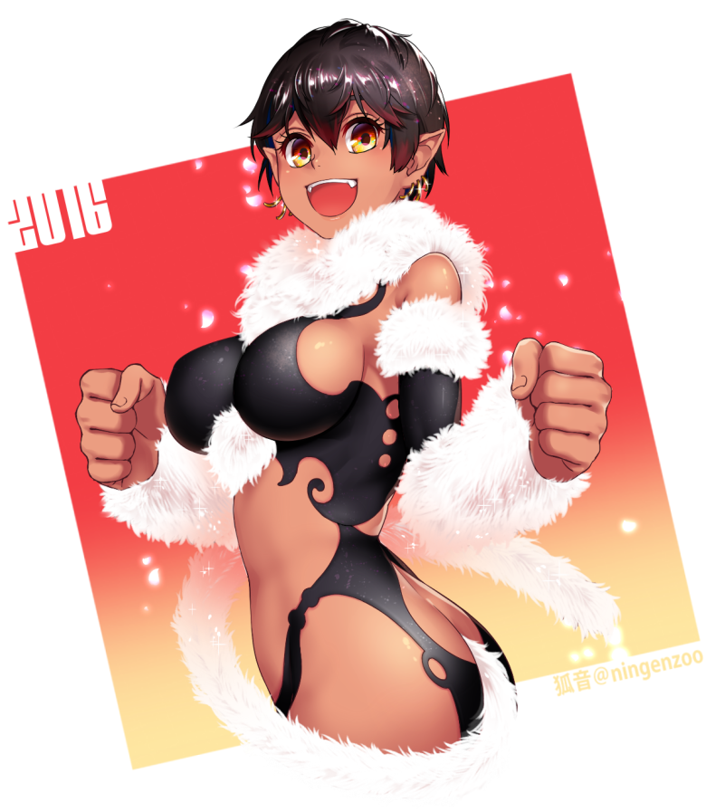 1girl 2016 :d bare_shoulders between_breasts black_hair breasts butt_crack clenched_hands dark_skin dated earrings fangs feather_boa gradient gradient_background jewelry ko-on_(ningen_zoo) large_breasts leotard open_mouth original pointy_ears short_hair sideboob skin_tight smile solo white_background yellow_eyes