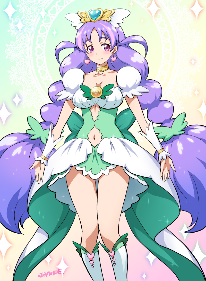boots center_opening dress earrings go!_princess_precure jewelry joy_ride long_hair nanase_yui navel precure puffy_sleeves purple_hair twintails