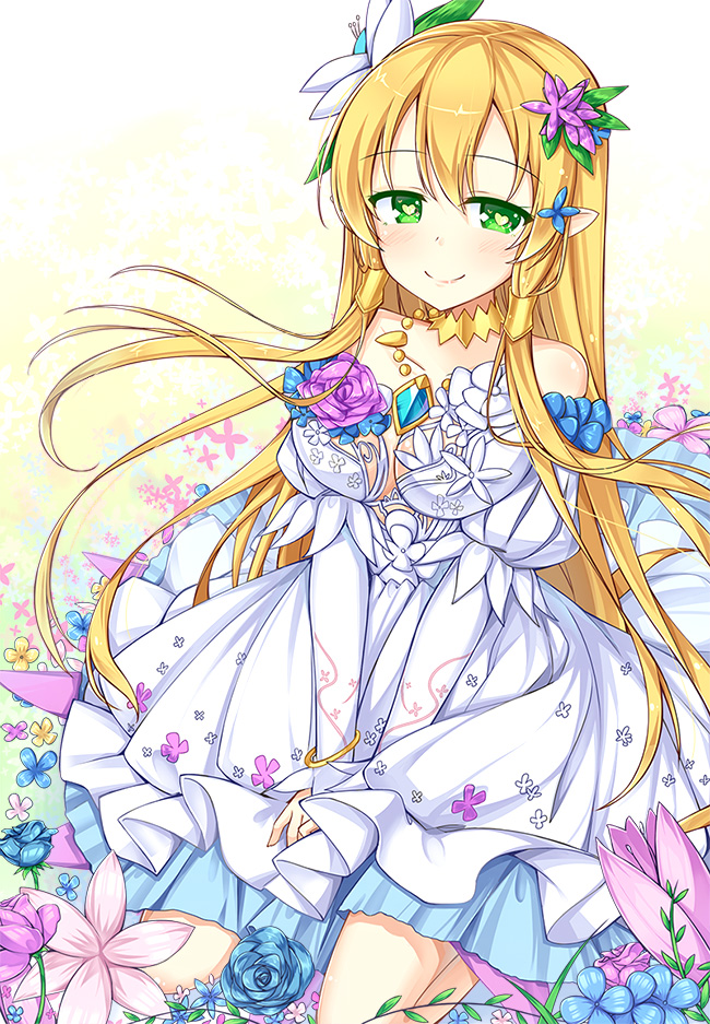 1girl amemiya_ruki bare_shoulders blonde_hair bracelet breasts choker cleavage dress flower freyja_(p&amp;d) green_eyes hair_flower hair_ornament hair_tubes heart heart-shaped_pupils jewelry kneeling long_hair necklace pointy_ears puzzle_&amp;_dragons smile solo symbol-shaped_pupils tulip v_arms very_long_hair white_dress