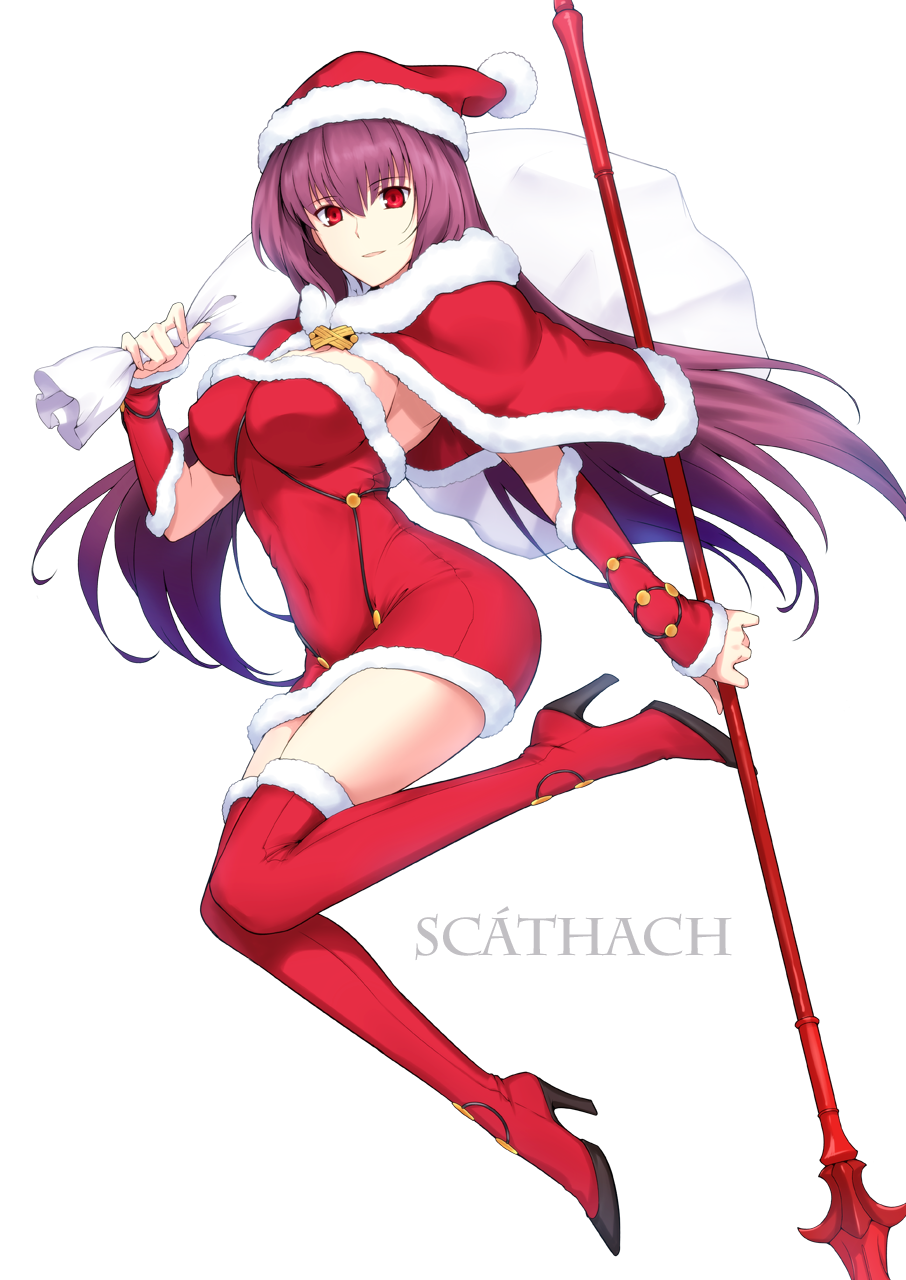 1girl boots breasts covered_navel fate/grand_order fate_(series) gae_bolg harukon_(halcon) hat high_heels highres holding holding_weapon large_breasts long_hair looking_at_viewer purple_hair red_eyes red_legwear sack santa_hat scathach_(fate/grand_order) simple_background smile solo thigh-highs thigh_boots weapon white_background