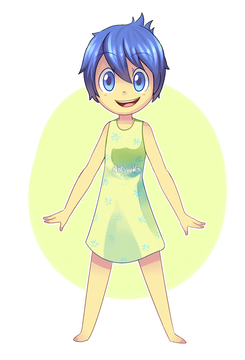 1girl artist_name blue_eyes blue_hair dress full_body green_dress highres inside_out joy_(inside_out) open_mouth outline pixar short_hair smile solo yoyochaan