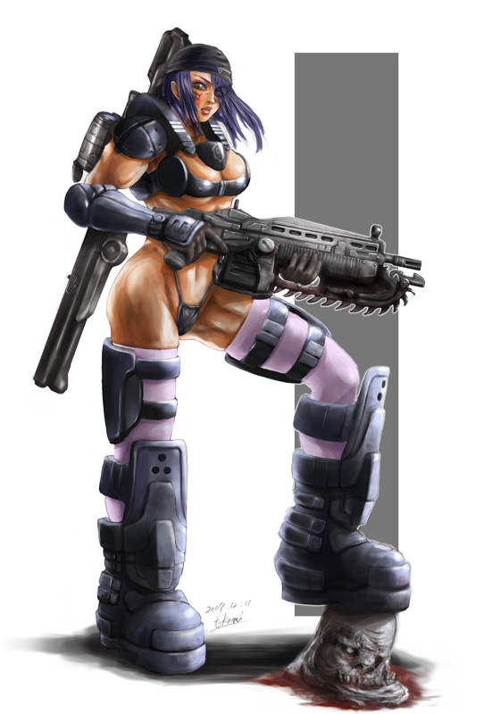 1girl bandana blood blue_eyes blue_hair boots breasts chainsaw disembodied_head gears_of_war gun highleg highleg_panties lancer_(weapon) lips long_hair nomad over_shoulder panties pink_legwear power_armor rifle solo thick_thighs thigh-highs thighs underwear weapon weapon_over_shoulder