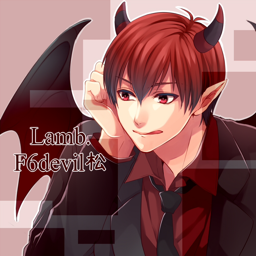 1boy demon_horns demon_wings f6 formal hand_on_own_cheek horns izumi_chiro licking_lips looking_to_the_side male_focus matsuno_osomatsu necktie osomatsu-kun osomatsu-san pink_background pointy_ears red_eyes redhead solo suit tongue tongue_out wings