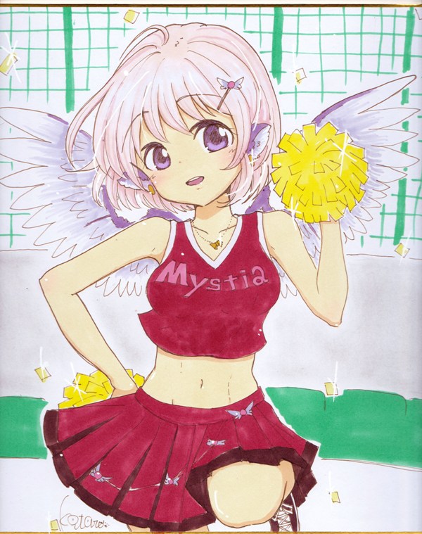 1girl animal_ears bare_arms cheerleader collarbone crop_top earrings hair_ornament hairclip jewelry kotarou_(yukina1721) looking_at_viewer midriff mystia_lorelei navel necklace open_mouth pendant pink_hair pom_poms shirt skirt skirt_set sleeveless sleeveless_shirt smile solo standing_on_one_leg touhou traditional_media violet_eyes