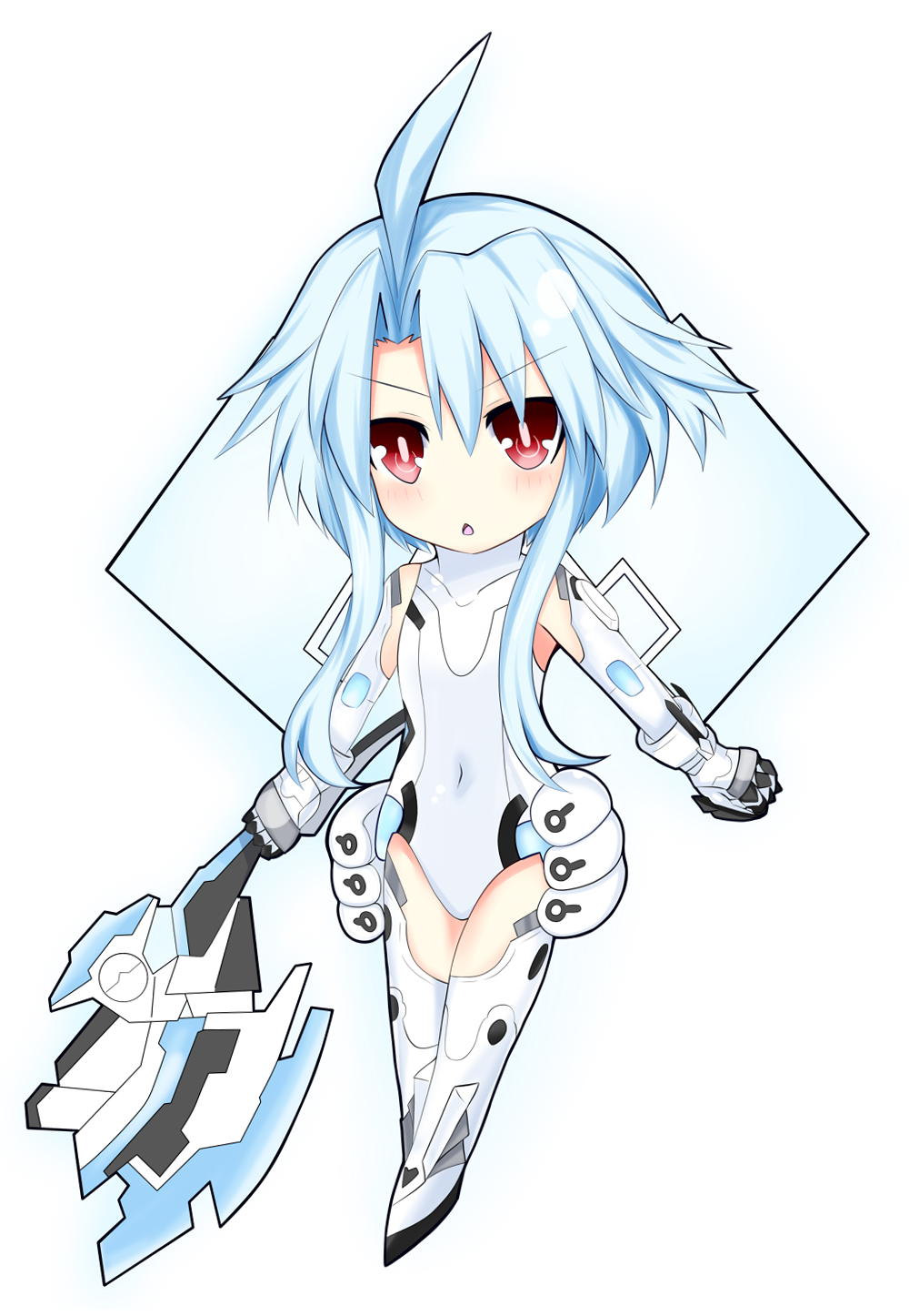 1girl ahoge armor axe bangs blanc blue_hair blush chibi choujigen_game_neptune covered_navel elbow_gloves full_body gloves haru_blanc0316 highres leotard mechanical_wings neptune_(series) open_mouth power_symbol red_eyes short_hair_with_long_locks sidelocks simple_background sleeveless solo symbol-shaped_pupils weapon white_background white_gloves white_heart white_legwear wings