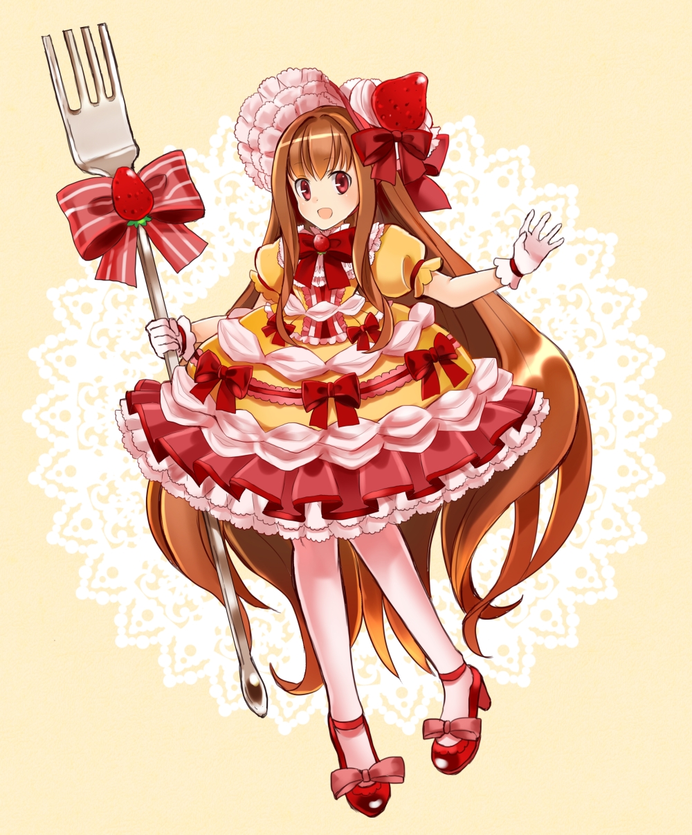1girl :d bow brown_hair food food_themed_clothes food_themed_ornament fork frills fruit full_body gloves hair_bow hair_ornament highres long_hair looking_at_viewer open_mouth original pantyhose pink_bow pocketland red_eyes red_shoes shoes smile solo standing strawberry strawberry_hair_ornament tooda_riko white_gloves white_legwear yellow_background