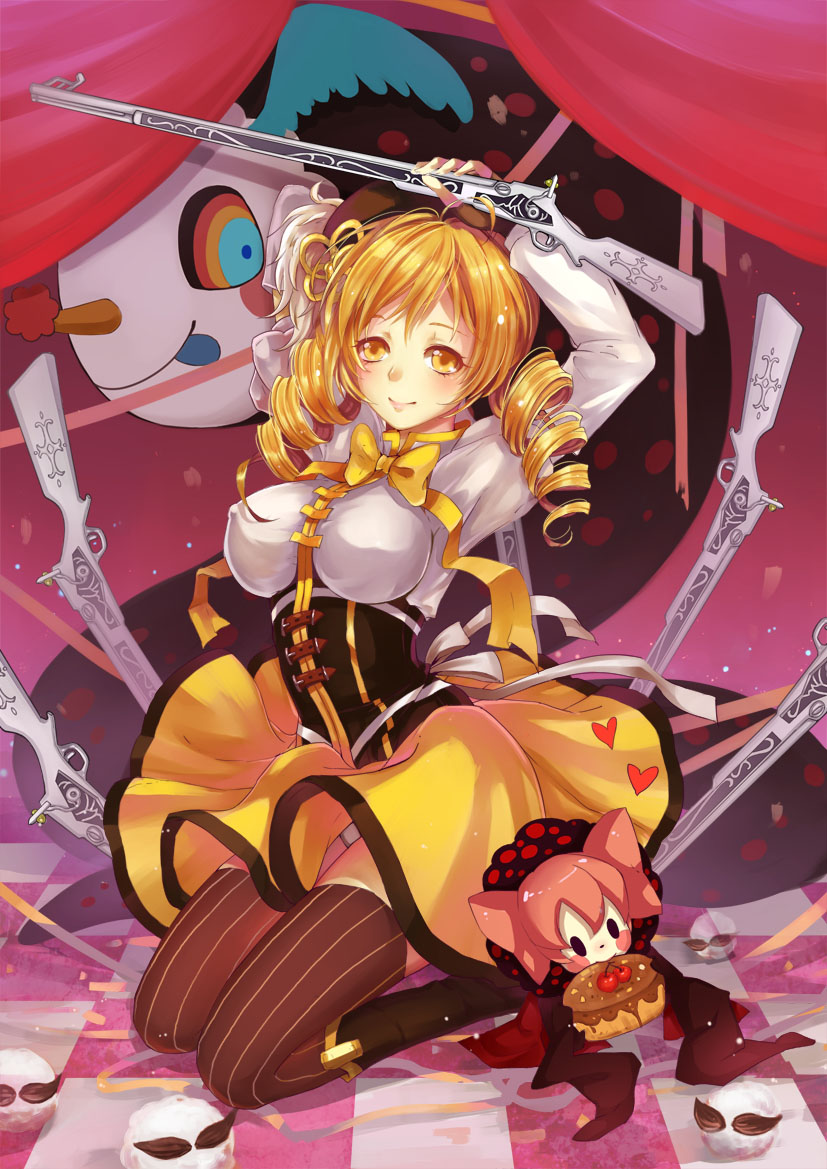 beret blonde_hair boots breasts brown_legwear charlotte_(madoka_magica) corset detached_sleeves drill_hair fingerless_gloves gloves gun hair_ornament hairpin hat large_breasts magical_girl magical_musket mahou_shoujo_madoka_magica pleated_skirt puffy_sleeves pyotr_(madoka_magica) rifle skirt striped striped_legwear tanotomoe thigh-highs tomoe_mami twin_drills vertical-striped_legwear vertical_stripes weapon witch's_labyrinth witch_(madoka_magica) yellow_eyes