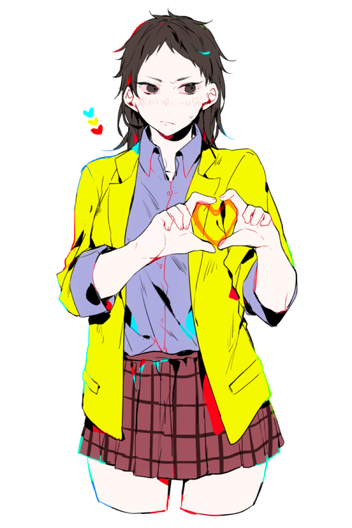 1girl black_eyes black_hair blazer blue_shirt blush character_request closed_mouth collared_shirt color_guide cowboy_shot cropped_legs dress_shirt frown genderswap haikyuu!! haku_(tokuray) heart heart_hands long_hair looking_away looking_to_the_side miniskirt open_blazer open_clothes plaid plaid_skirt red_skirt school_uniform shirt simple_background skirt sleeves_rolled_up solo sweat white_background