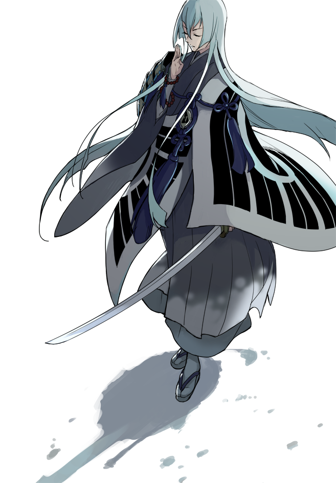 1boy beads blue_hair closed_eyes japanese_clothes katana kousetsu_samonji male_focus nomuo_(shiromi) sword touken_ranbu weapon