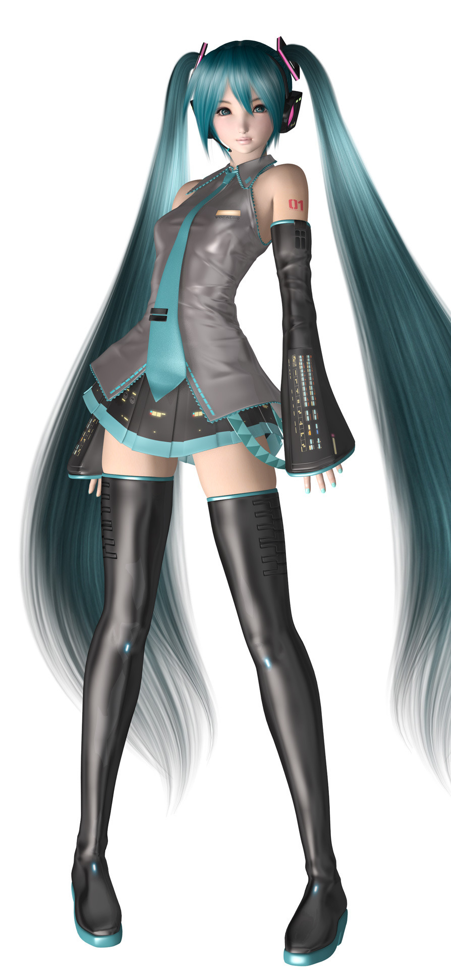 1girl 3d aqua_necktie boots detached_sleeves earphones full_body green_hair hatsune_miku headset highres long_hair looking_at_viewer necktie simple_background skirt solo standing thigh-highs thigh_boots twintails very_long_hair vocaloid white_background zettai_ryouiki