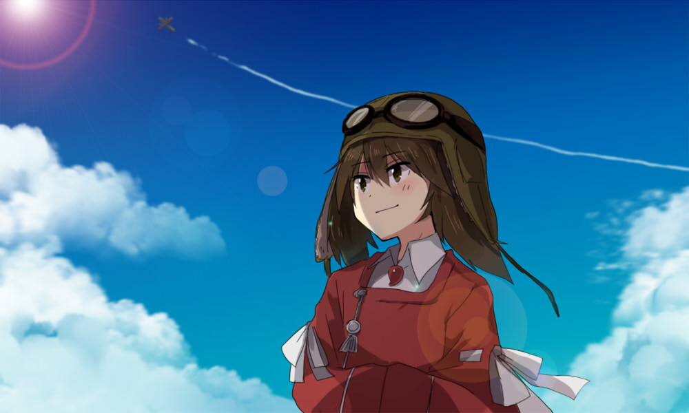 1girl airplane annin_musou brown_eyes brown_hair goggles japanese_clothes kantai_collection ryuujou_(kantai_collection) shikigami sky smile twintails