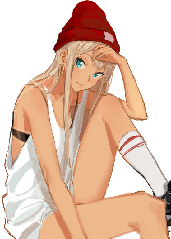 1girl alessandra_susu blonde_hair blue_eyes blush bra breasts casual earrings hoop_earrings jewelry long_hair looking_at_viewer rr_(suisse200) shoes sitting skull_cap smile sneakers solo tan tank_top tokyo_7th_sisters underwear