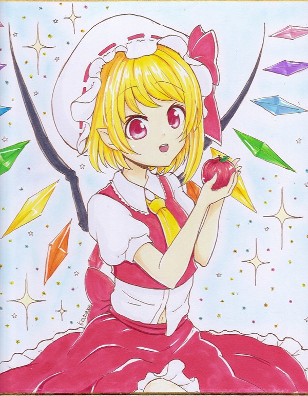 1girl apple ascot blonde_hair bow flandre_scarlet food fruit hat hat_bow kotarou_(yukina1721) mob_cap open_mouth pointy_ears puffy_short_sleeves puffy_sleeves red_eyes shirt short_sleeves side_ponytail skirt skirt_set smile solo touhou traditional_media vest wings
