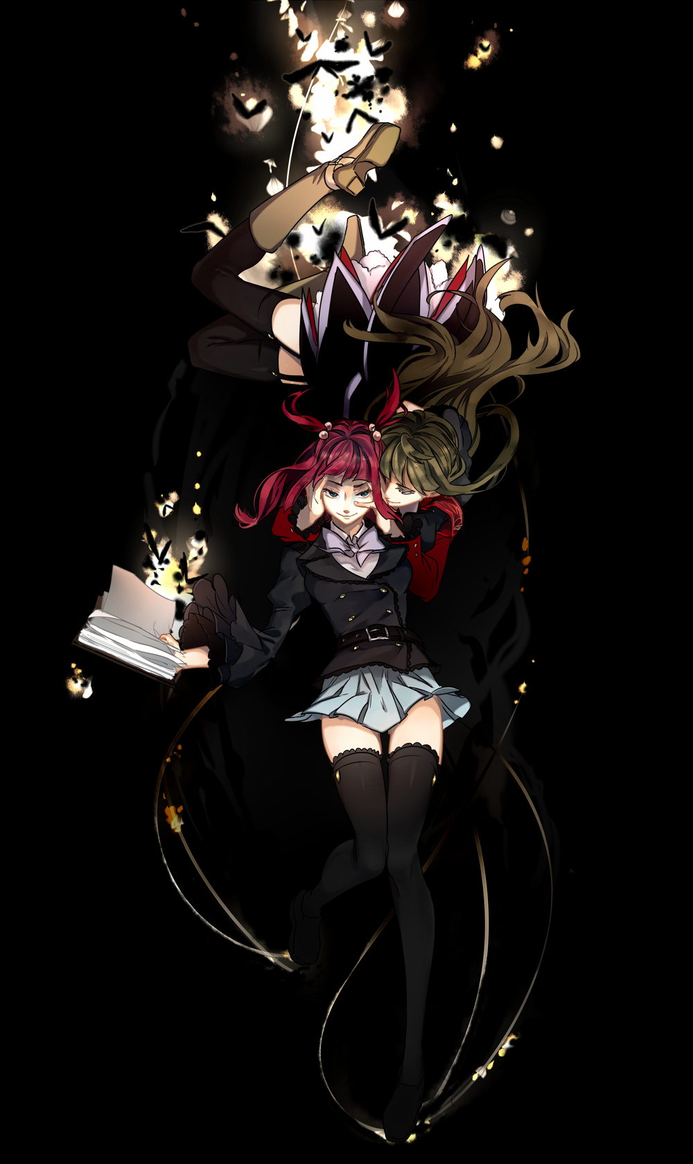 2girls armband black_legwear blue_eyes book boots bow brown_hair garter_straps hair_bobbles hair_ornament hands_on_another's_face highres mammon multiple_girls open_book pleated_skirt red_eyes redhead skirt smile sofy stakes_of_purgatory thigh-highs two_side_up umineko_no_naku_koro_ni ushiromiya_ange
