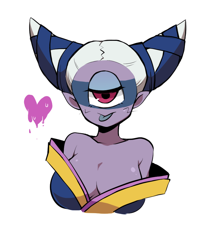 1girl bare_shoulders breasts cropped_torso cyclops fuumin_(youkai_watch) half-closed_eyes heart kiitos12 large_breasts looking_at_viewer monster_girl one-eyed pink_eyes pointy_ears purple_skin simple_background solo tongue tongue_out upper_body white_background youkai youkai_watch