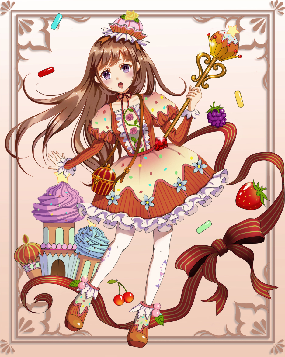 1girl :o blush bow brown_hair candy cherry cupcake floral_print flower food food_themed_clothes food_themed_ornament frilled_skirt frills fruit full_body gebiboo gem hat juliet_sleeves long_hair long_sleeves looking_at_viewer orange_shoes orange_skirt original pantyhose personification pocketland puffy_sleeves red_bow rose scepter shoes skirt solo standing strawberry striped striped_bow violet_eyes white_legwear yellow_rose