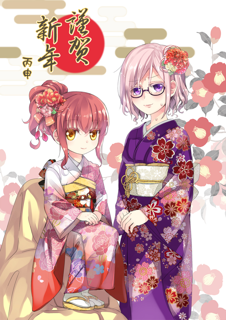 2girls brown_hair fate/grand_order fate_(series) female_protagonist_(fate/grand_order) floral_background glasses hair_ornament looking_at_viewer multiple_girls ponytail rori_chuushin shielder_(fate/grand_order) short_hair silver_hair sitting smile sweat translation_request v_arms violet_eyes yellow_eyes