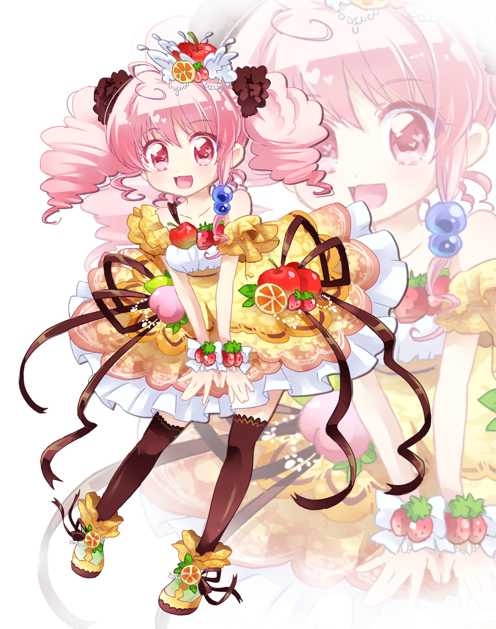 1girl :d apple_hair_ornament bow brown_bow brown_legwear collarbone crepe food_as_clothes food_themed_clothes food_themed_ornament full_body gongitsune_(gongitune2) hair_ornament highres looking_at_viewer open_mouth orange_hair_ornament original personification pink_eyes pink_hair pocketland shoes short_hair skirt smile solo standing strawberry_hair_ornament thigh-highs twintails v_arms yellow_shoes yellow_skirt zoom_layer