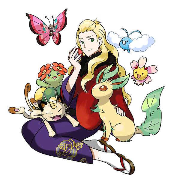 1boy androgynous bellossom blonde_hair cherrim crossover green_hair hanamura_shouma idolmaster idolmaster_side-m japanese_clothes leafeon long_hair meowth poke_ball pokemon pokemon_(creature) pokemon_(game) smile swablu vivillon wavy_hair youhe_hino