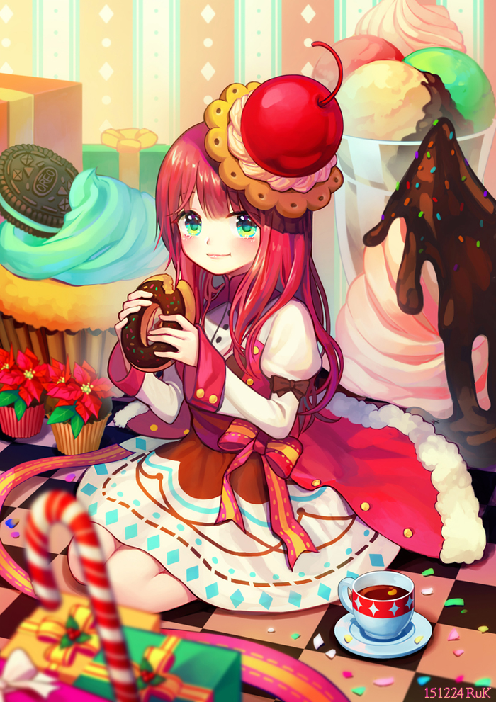 1girl blush box candy candy_cane cherry chocolate_syrup cookie cup cupcake doughnut dress eating food food_as_clothes food_themed_clothes fruit gift gift_box green_eyes hat ice_cream lips long_hair long_sleeves original oversized_object plate redhead sitting smile solo