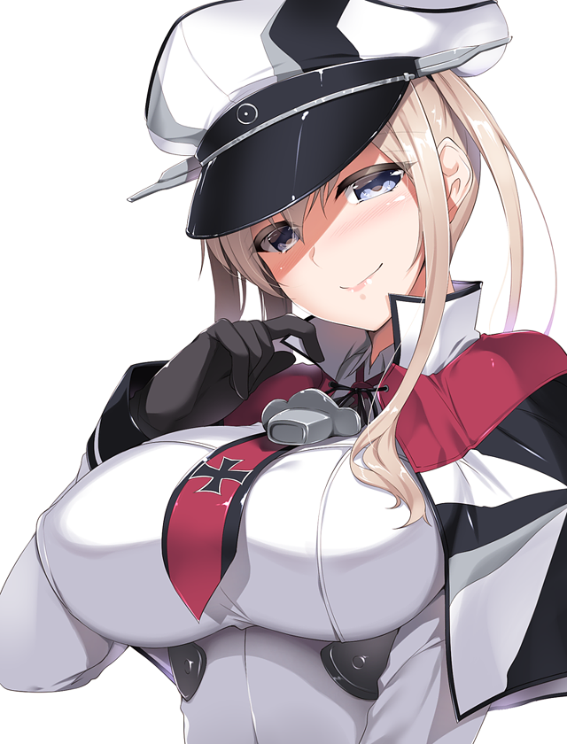 1girl blonde_hair blue_eyes blush breasts capelet cross graf_zeppelin_(kantai_collection) hat iron_cross kantai_collection large_breasts long_hair looking_at_viewer nakano_sora necktie peaked_cap sidelocks simple_background smile solo twintails uniform white_background