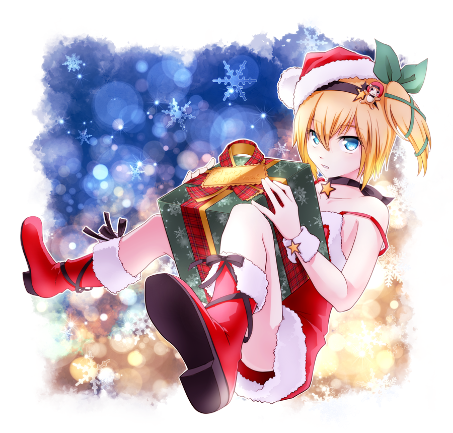 1girl blonde_hair blue_background blue_eyes boots bow character_hair_ornament choker christmas edna_(tales) full_body gift green_bow hair_bow hair_ornament hair_ribbon hairband hat kururi_(oekaki_nikki) light_particles looking_at_viewer normin_(tales) red_boots red_hat red_skirt ribbon santa_hat short_hair side_ponytail skirt snowflakes solo strap_slip tales_of_(series) tales_of_zestiria tress_ribbon wrist_cuffs yellow_background