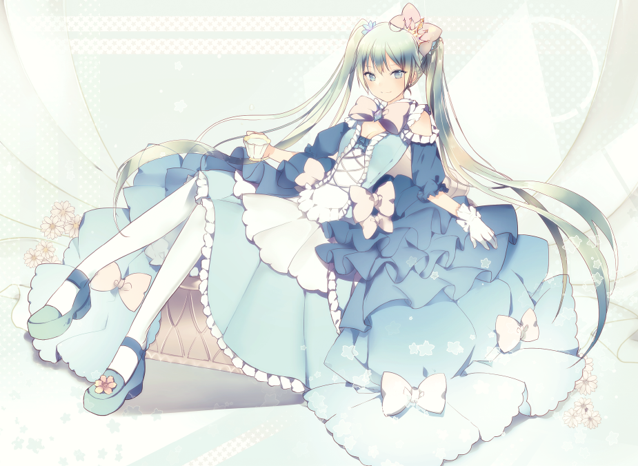 1girl aqua_eyes aqua_hair bare_shoulders blue_dress blue_shoes bow bow_dress bowtie breasts brooch cleavage cleavage_cutout cross-laced_clothes crown cup dress drink flower frilled_dress frills full_body gem gloves hair_bow hair_flower hair_ornament hatsune_miku holding_cup jewelry layered_dress long_hair looking_at_viewer lp_(hamasa00) pantyhose pink_bow pink_bowtie shoes sitting smile solo teacup twintails very_long_hair vocaloid water white_bow white_gloves white_legwear