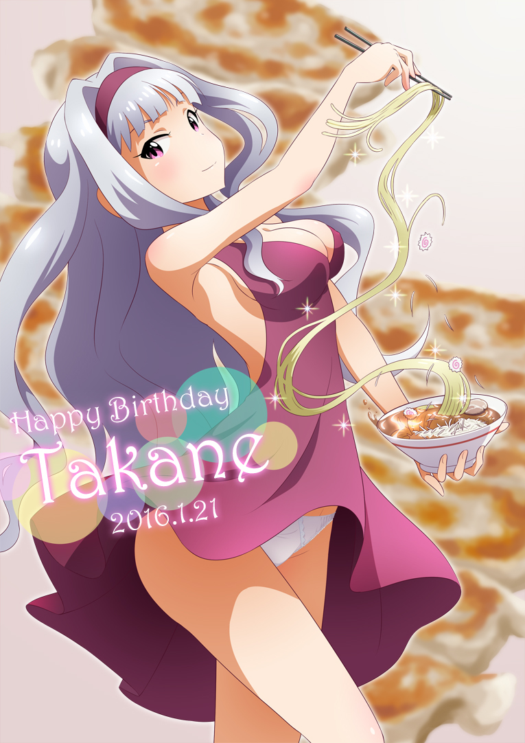 1girl breasts chopsticks food happy_birthday idolmaster long_hair noodles panties pantyshot ramen shijou_takane silver_hair smile solo sunsun69 underwear violet_eyes