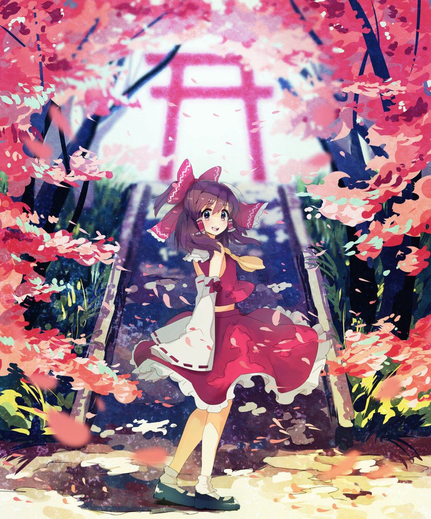 1girl arms_behind_back ascot brown_hair detached_sleeves full_body hair_ribbon hair_tubes hakurei_reimu japanese_clothes long_sleeves looking_at_viewer mary_janes miko open_mouth petals ribbon shirt shoes short_hair skirt skirt_set smile socks solo stairs torii touhou ume_ren upskirt white_legwear wide_sleeves