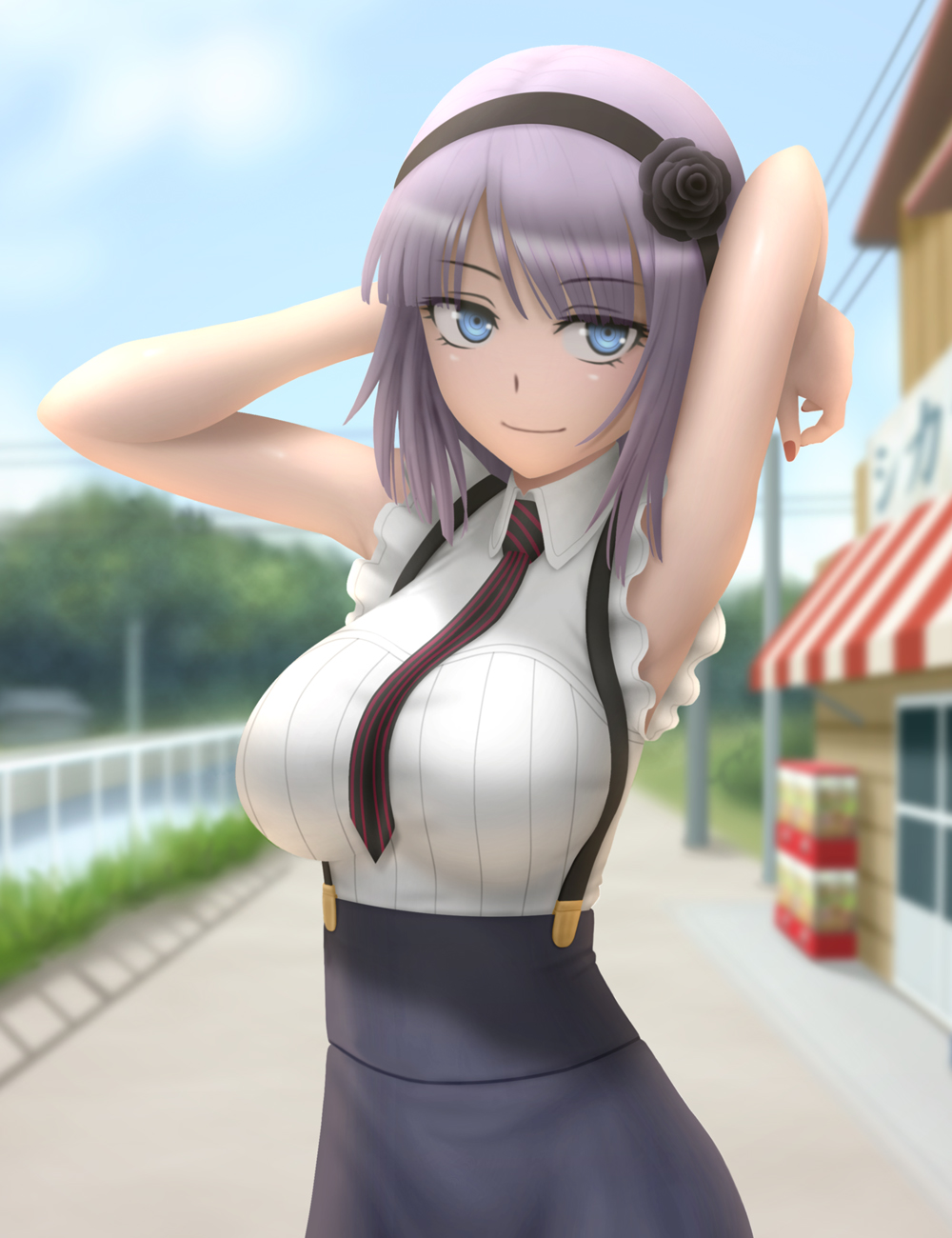 1girl arms_behind_head bare_arms blue_eyes blue_sky blurry breasts clouds dagashi_kashi depth_of_field dress hair_ribbon highres large_breasts looking_at_viewer necktie pose purple_hair ribbon road shidare_hotaru shirt siraha sky smile solo street suspenders