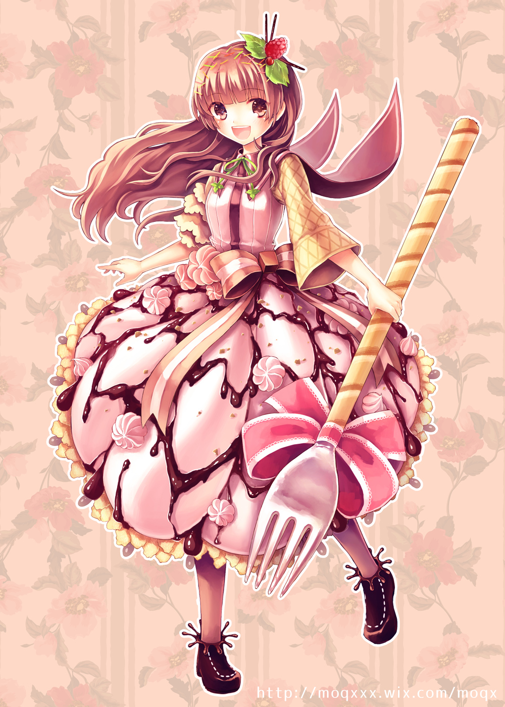 1girl :d black_shoes bow brown_eyes brown_hair chocolate_syrup food_as_clothes food_themed_clothes fork full_body grey_legwear hair_ornament hair_stick highres kazi leaf long_hair looking_at_viewer open_mouth original oversized_object pantyhose parfait personification pink_bow pocketland raspberry_hair_ornament shoes smile solo standing striped striped_bow tachi-e watermark web_address whipped_cream