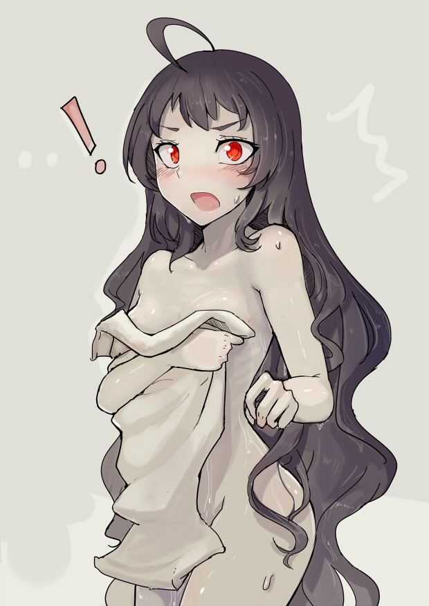 ! 1girl ahoge black_hair blush isolated_island_oni kantai_collection long_hair looking_at_viewer naked_towel open_mouth solo surprised towel very_long_hair walzrj wet