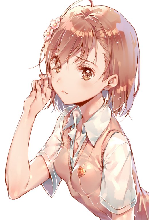 1girl ahoge blush brown_eyes brown_hair collared_shirt dsmile emblem expressionless fingernails flower hair_flower hair_ornament hand_in_pocket misaka_mikoto school_uniform shirt short_hair short_sleeves simple_background solo to_aru_kagaku_no_railgun to_aru_majutsu_no_index upper_body white_background white_shirt