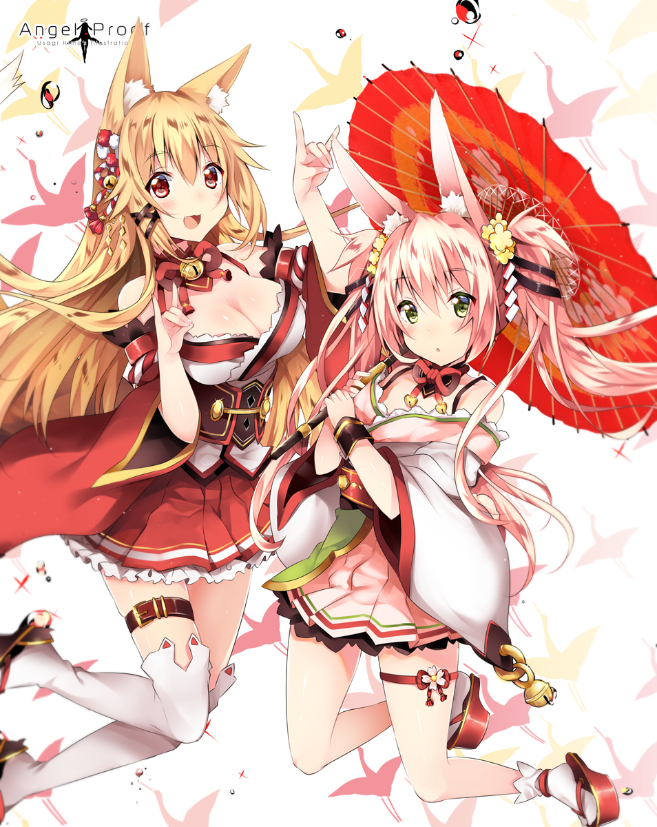 2girls animal_ears bare_shoulders blonde_hair breasts bunny_tail cleavage detached_collar duji_amo fox_ears fox_tail green_eyes highres long_hair multiple_girls oriental_umbrella original pink_hair rabbit_ears red_eyes tail thigh-highs thigh_strap umbrella