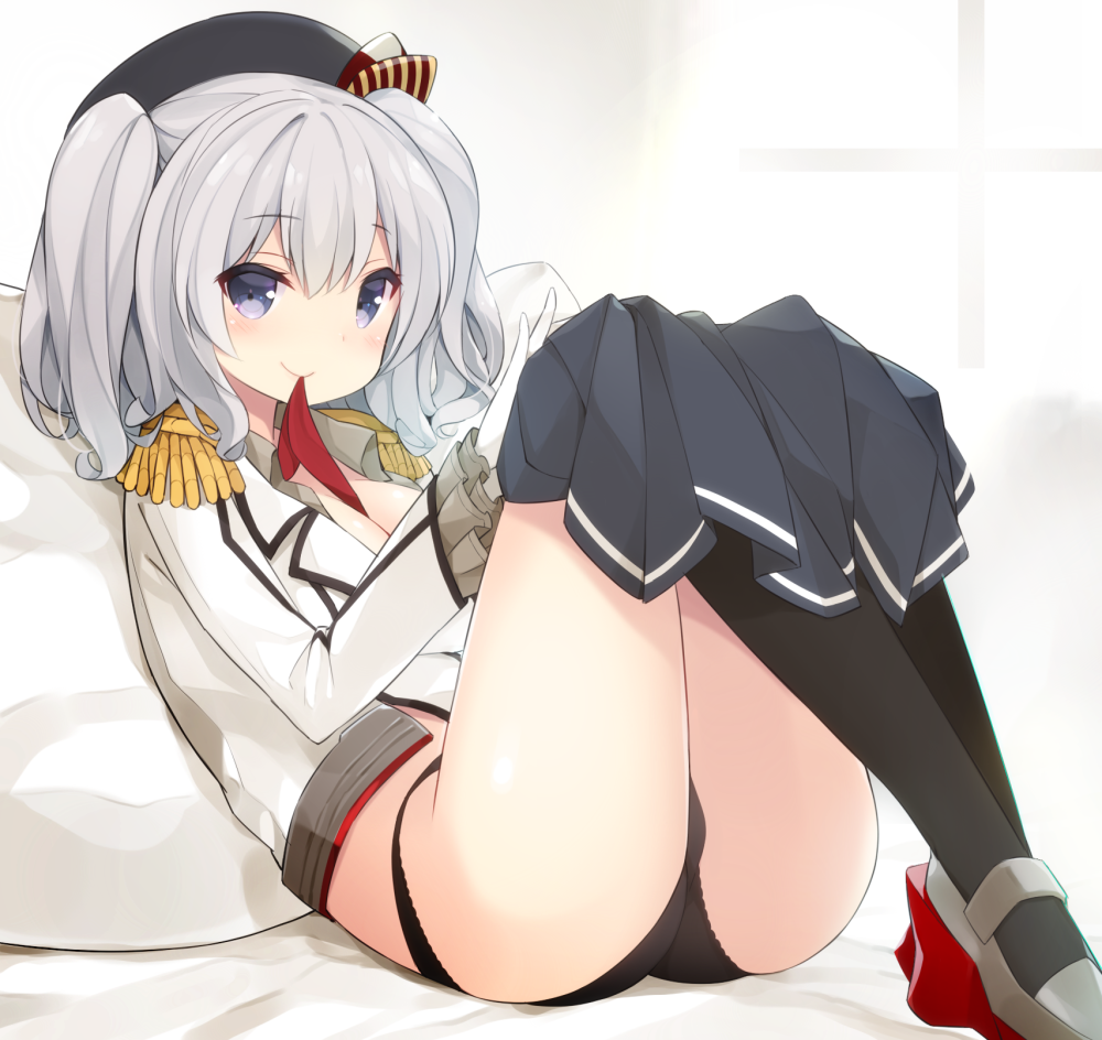 1girl beret black_legwear black_panties blue_eyes breasts cleavage epaulettes frilled_sleeves frills gloves hat kantai_collection kashima_(kantai_collection) kerchief kneehighs looking_at_viewer military military_uniform mouth_hold panties pillow silver_hair sitting skirt skirt_pull smile solo twintails underwear uniform watanohara wavy_hair white_gloves