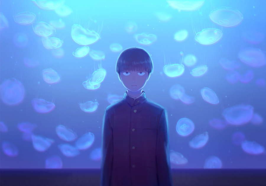 1boy arms_at_sides black_eyes black_hair blue bowl_cut closed_mouth gakuran hiko_(scape) jellyfish kageyama_shigeo long_sleeves looking_at_viewer male_focus mob_psycho_100 school_uniform solo