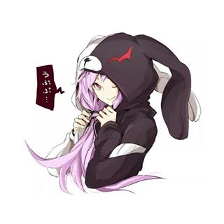 1girl dangan_ronpa dangan_ronpa_1 hood hoodie kirigiri_kyouko lowres monokuma purple_hair