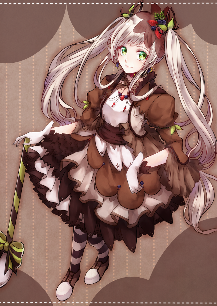 1girl blueberry_hair_ornament bow brown_background cropped_jacket earrings food_themed_clothes frills full_body gloves green_eyes hair_ornament jewelry layered_dress long_hair looking_at_viewer nemoko29 original pantyhose personification pocketland saddle_shoes shoes sidelocks smile solo spoon standing strawberry_hair_ornament striped striped_bow striped_legwear tiramisu twintails white_gloves white_hair