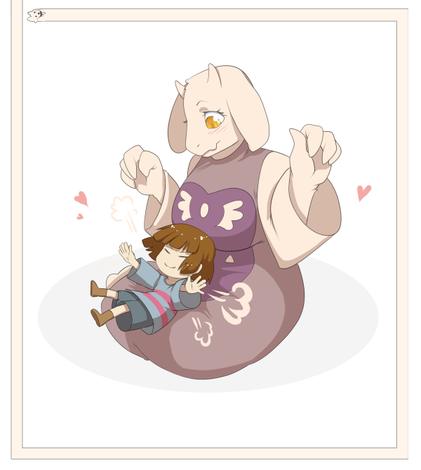 1girl androgynous blush breasts brown_hair claws closed_eyes commentary dress fang frisk_(undertale) goat_ears horns lap_pillow large_breasts lesser_dog pomf shorts sitting smile snout toriel undertale whistle_frog yellow_eyes yokozuwari