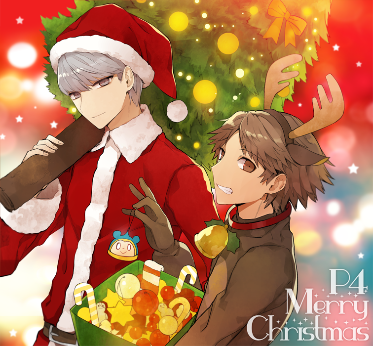 2boys animal_costume animal_ears box brown_eyes brown_hair christmas christmas_tree copyright_name fake_animal_ears fake_antlers fur_trim grey_eyes grey_hair grin hairband hanamura_yousuke hat holding_box kuma_(persona_4) looking_at_viewer male_focus mami_(apsaras) merry_christmas multiple_boys narukami_yuu ornament persona persona_4 reindeer_costume reindeer_ears santa_costume santa_hat short_hair smile