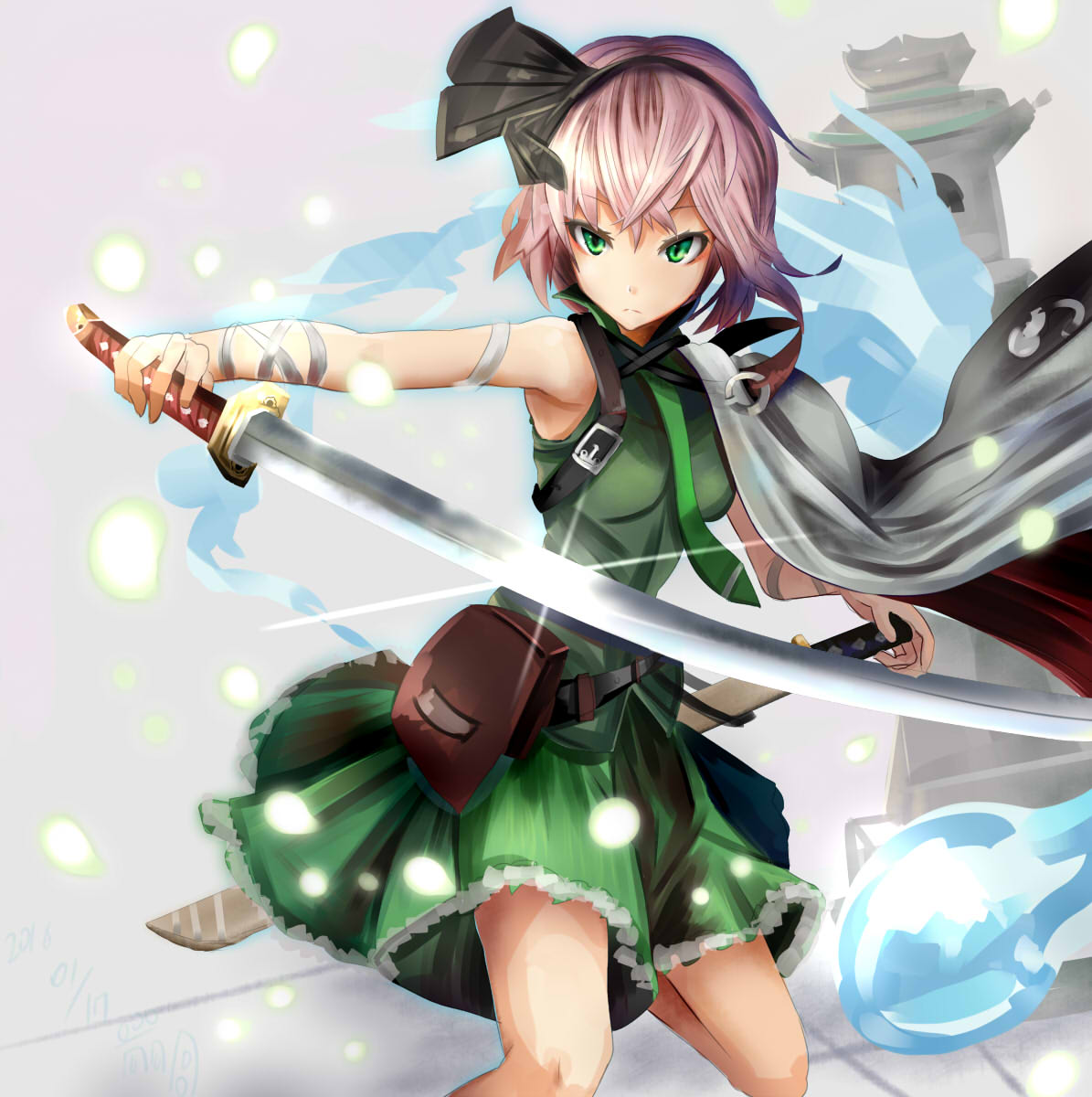 1girl adapted_costume bandages belt_pouch buckle cape cowboy_shot expressionless fighting_stance green_eyes hair_between_eyes hairband highres holding_sword holding_weapon houdukixx katana konpaku_youmu konpaku_youmu_(ghost) looking_at_viewer necktie outstretched_arm pouch sheath short_hair silver_hair skirt skirt_set sleeveless solo stone_lantern sword tagme touhou tsurime unsheathing weapon