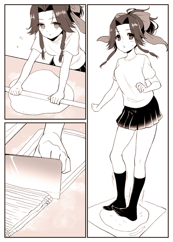 casual chopping comic cooking dough hair_up jintsuu_(kantai_collection) kantai_collection kneading kneehighs monochrome plum_(arch) shirt skirt