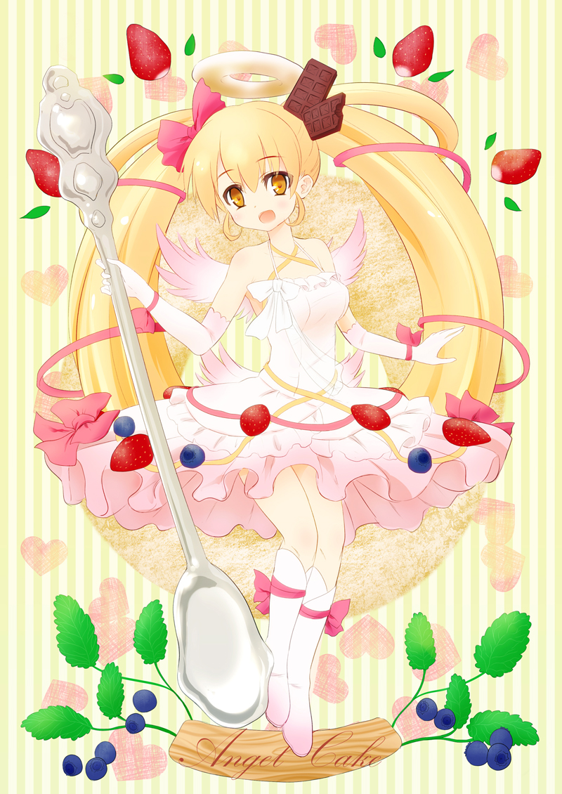 1girl :d awayuki_tobari blonde_hair blueberry boots bow cake chocolate_bar elbow_gloves food food_as_clothes food_themed_clothes food_themed_hair_ornament food_themed_ornament fruit full_body gloves hair_bow hair_ribbon knee_boots leaf long_hair looking_at_viewer open_mouth original oversized_object personification pink_bow pink_ribbon pocketland ribbon skirt smile solo spoon standing strawberry striped striped_background twintails white_boots white_gloves white_skirt wings yellow_eyes