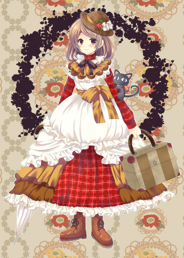 1girl brown_background brown_hair brown_hat cat dress floral_background food fruit full_body hat kika88 layered_dress looking_at_viewer mille-feuille original personification plaid plaid_dress pocketland red_dress red_eyes red_shoes shoes short_hair smile solo standing strawberry