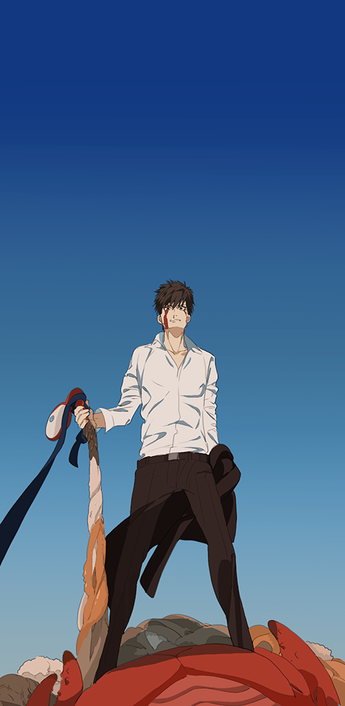 1boy arm_at_side belt black_jacket black_pants blood blood_on_face blue_sky closed_mouth collared_shirt death dress_shirt eyes from_below frown holding_jacket jacket jacket_removed kanirante looking_at_viewer male_focus meshi_yori_yado necktie necktie_removed one-punch_man out pants saitama_(onepunch_man) shadow shirt sky solo_focus standing white_shirt younger