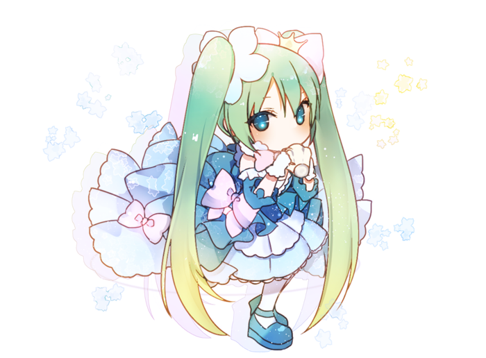 1girl blue_dress blue_eyes blue_hair blue_shoes blush bow bow_dress chibi crown dress drinking flower full_body gloves hair_bow hair_flower hair_ornament hatsune_miku holding holding_cup layered_dress looking_at_viewer lp_(hamasa00) mary_janes pantyhose petals pink_bow shoes simple_background solo standing vocaloid white_background white_gloves white_legwear