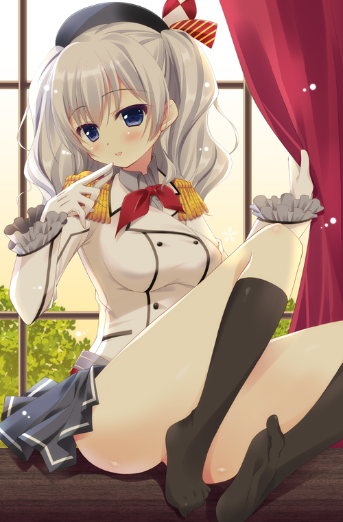 1girl backlighting bangs beret black_legwear blue_eyes blush convenient_leg curtain_grab curtains epaulettes full_body gloves hair_between_eyes half_updo hat impossible_clothes indoors kantai_collection kashima_(kantai_collection) kerchief kneehighs legs long_sleeves looking_at_viewer military military_uniform miniskirt mitsuimina parted_lips pleated_skirt short_hair silver_hair sitting skirt solo tree tsurime twintails uniform white_gloves window