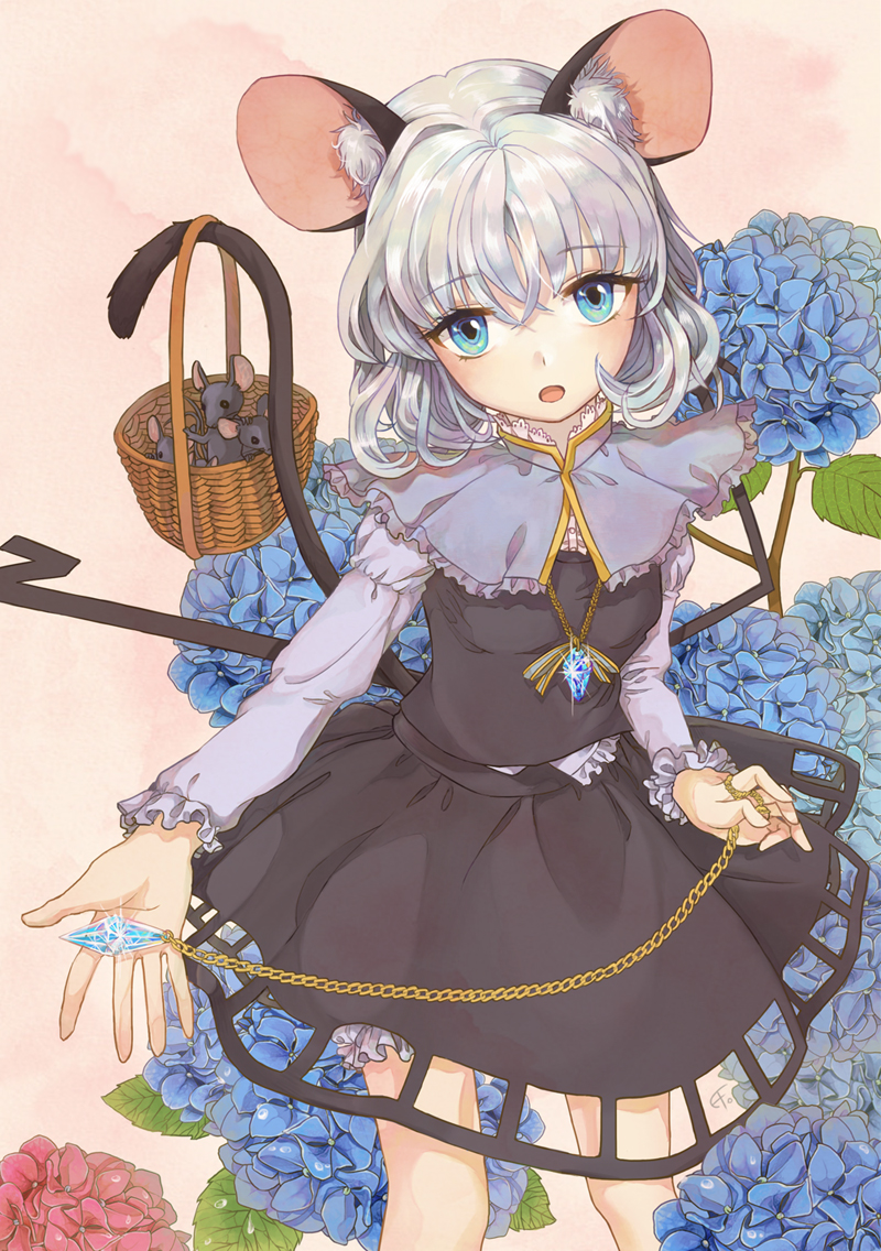 1girl animal_ears bangs basket blue_eyes capelet cowboy_shot dowsing_rod ef_(ppps33) flipped_hair flower frilled_sleeves frills hair_between_eyes jewelry long_sleeves looking_at_viewer mouse mouse_ears nazrin open_mouth pendant pink_background prehensile_tail short_hair silver_hair skirt skirt_set solo tail tareme touhou