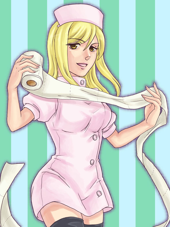 1girl black_legwear blonde_hair breasts brown_eyes fangcat hat higurashi_no_naku_koro_ni long_hair looking_at_viewer nurse nurse_cap open_mouth smile solo takano_miyo thigh-highs toilet_paper zettai_ryouiki